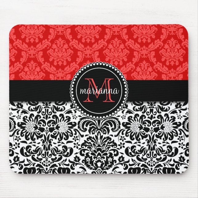 Elegant Black Red Damask Personalized Mouse Pad (Front)