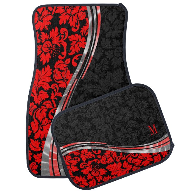 Elegant Black & Red Damasks With Silver Accents Car Mat (Set)