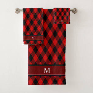 Elegant Black Red Diamond Pattern & Monogram Bath Towel Set