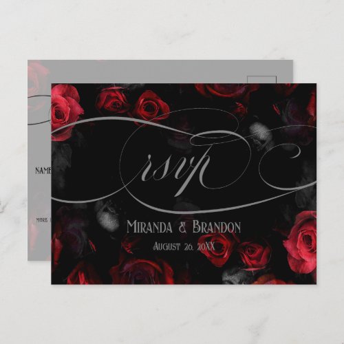 Elegant Black Red Floral Gothic Wedding RSVP Card