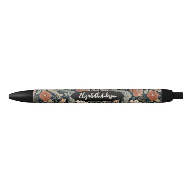 Elegant Black Red Floral Monogram Pen (Front)