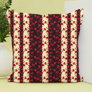 Elegant Black Red Floral Pattern Carnation Stripes Throw Pillow