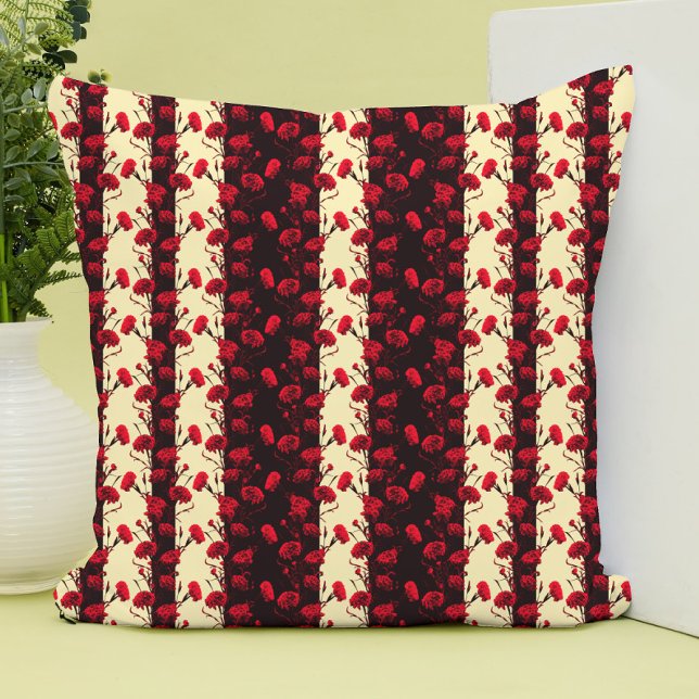 Elegant Black Red Floral Pattern Carnation Stripes Throw Pillow (Creator Uploaded)