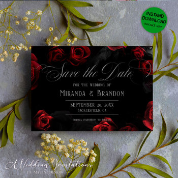 Elegant Black Red Floral Save The Date Card by Art_Design_by_Mylini at Zazzle