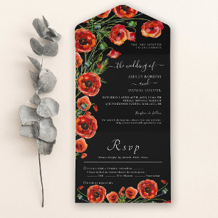 Elegant Black Red Floral Wedding All In One Invitation