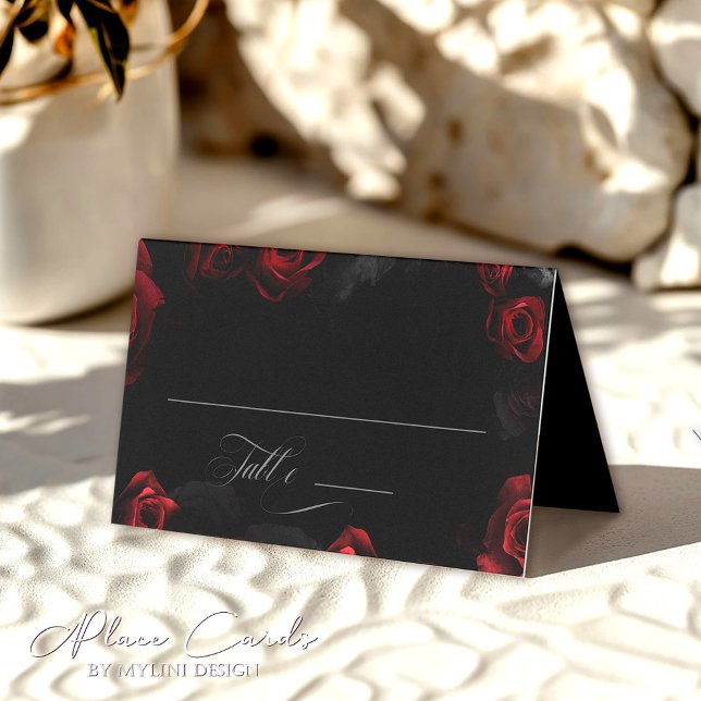 Elegant Black Red Floral Wedding Place Card (Creator Uploaded)