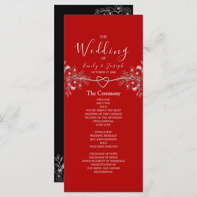 Elegant Black Red Floral Wedding Program (Front/Back)