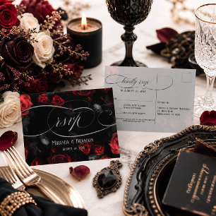 Elegant Black Red Floral Wedding RSVP Postcard
