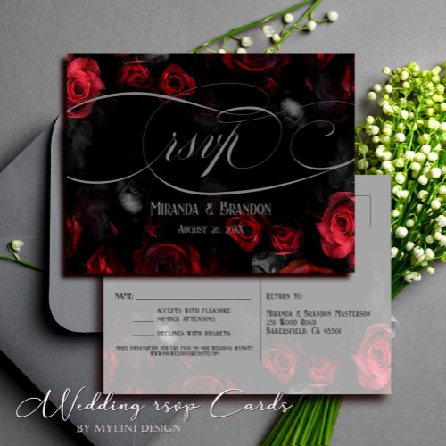 Elegant Black Red Floral Wedding RSVP Postcard