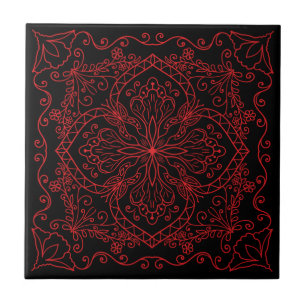 Elegant Black Red Flowers Butterfly Decorative Ceramic Tile