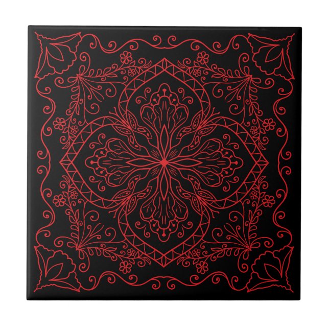 Elegant Black Red Flowers Butterfly Decorative Ceramic Tile (Front)