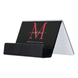 Elegant Black Red Girly Monogram Script Name Desk Business Card Holder