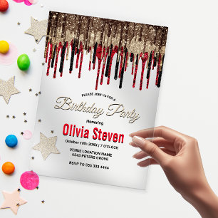 Elegant black red gold drips glitter birthday  acrylic invitations