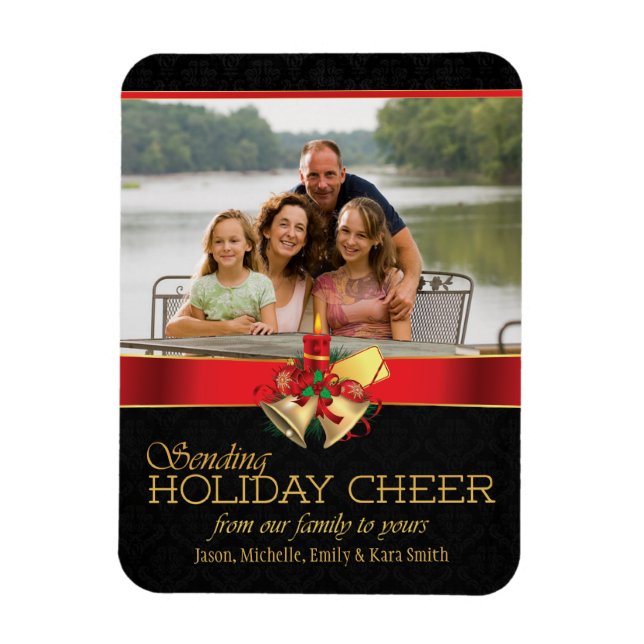 Elegant black red gold holiday cheer photo magnet (Vertical)