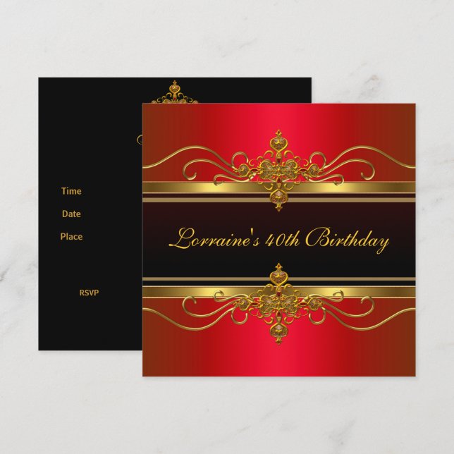 Elegant Black Red Gold  Jewel 40th Birthday Invitation (Front/Back)