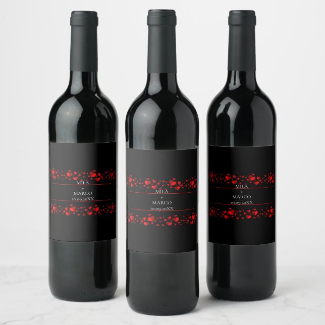 Elegant black red hearts wine label (Bottles)