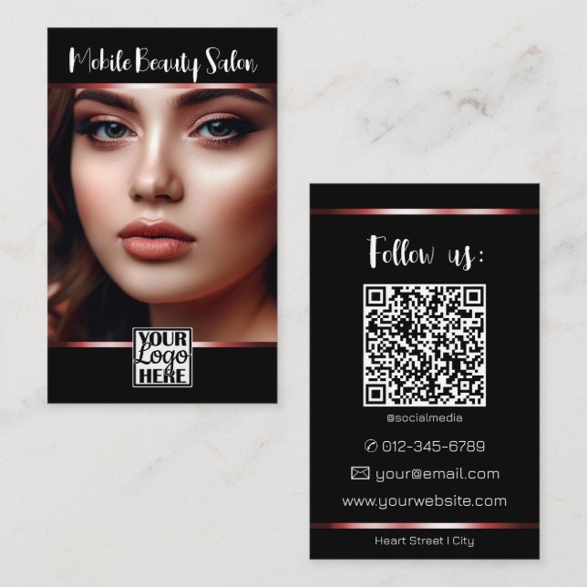 Elegant Black Red Logo Photo QR Code Template  Business Card (Front/Back)