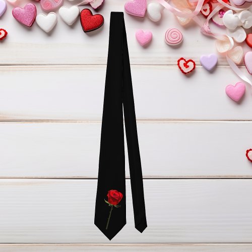 Elegant Black Red Long Stem Rose Valentines Day Neck Tie