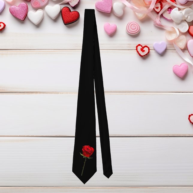Elegant Black Red Long Stem Rose Valentine's Day Neck Tie (Creator Uploaded)
