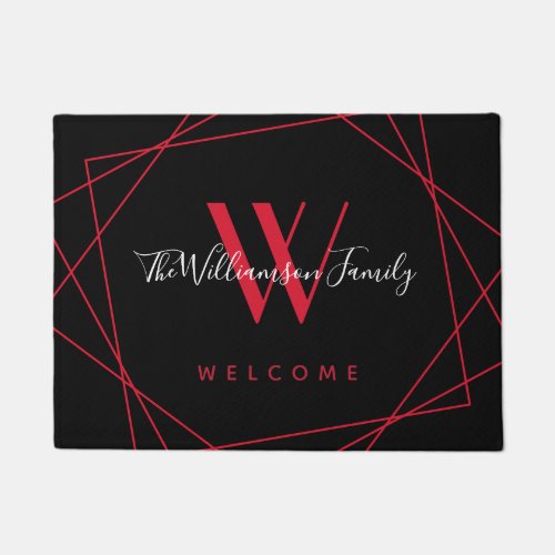 Elegant Black Red Monogram Family Name Script Doormat
