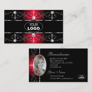 Elegant Black Red Ornate Borders Jewels Logo Photo Business Card
