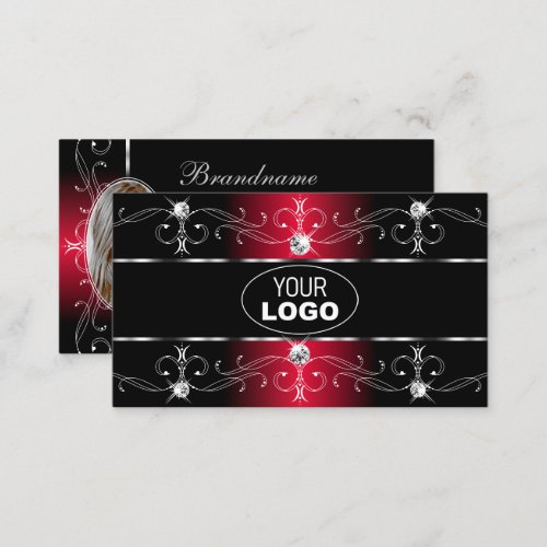 Elegant Black Red Ornate Borders Jewels Logo Photo Business Card