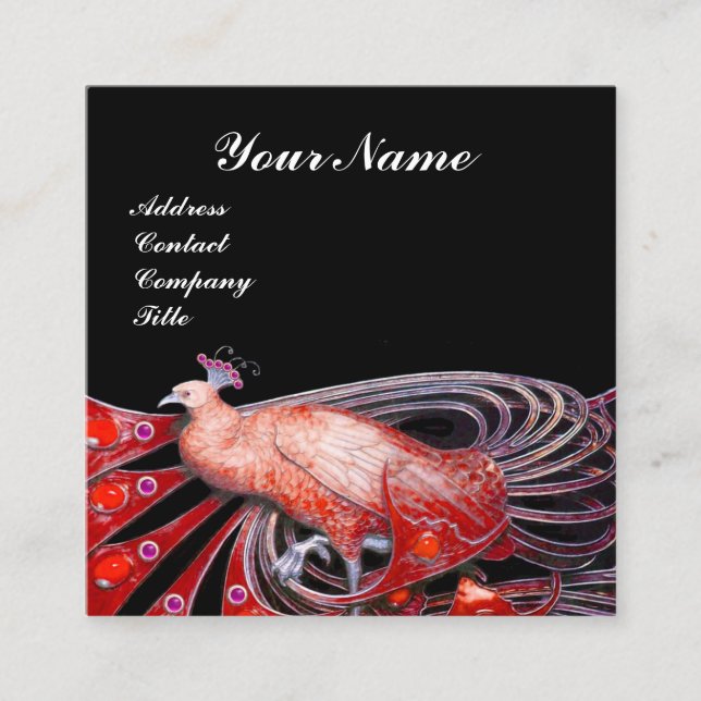 ELEGANT BLACK RED PEACOCK FASHION JEWEL MONOGRAM SQUARE BUSINESS CARD (Front)