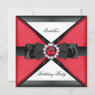Elegant Black Red Pearl Bow White Birthday Party Invitation