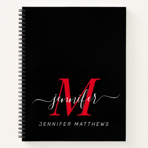 Elegant Black Red Personalized Monogram Name Notebook
