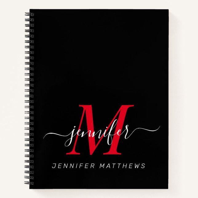 Elegant Black Red Personalized Monogram Name Notebook (Front)