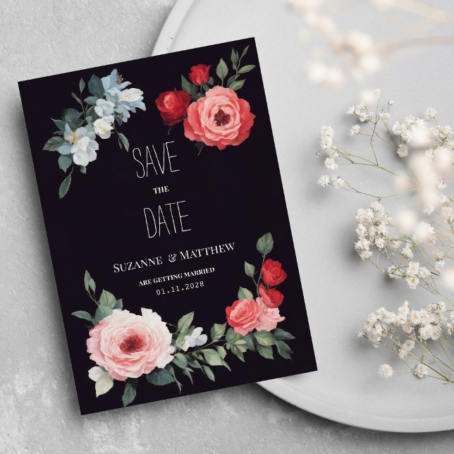 Elegant black red pink blue roses Save the Date Invitation (Elegant black red pink blue roses Save the Date)