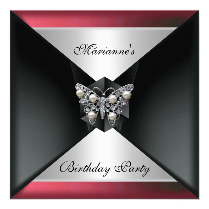 Elegant Black Red pink Pearl Jewel Birthday Silver Personalized Invitations