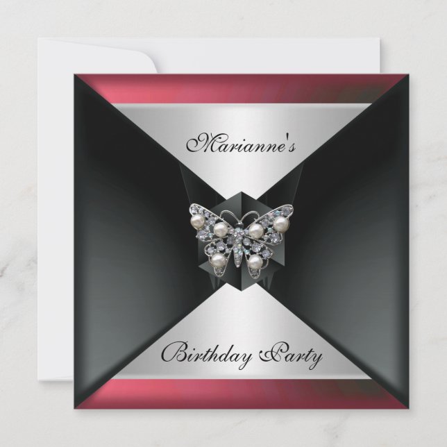 Elegant Black Red pink Pearl Jewel Birthday Silver Invitation (Front)