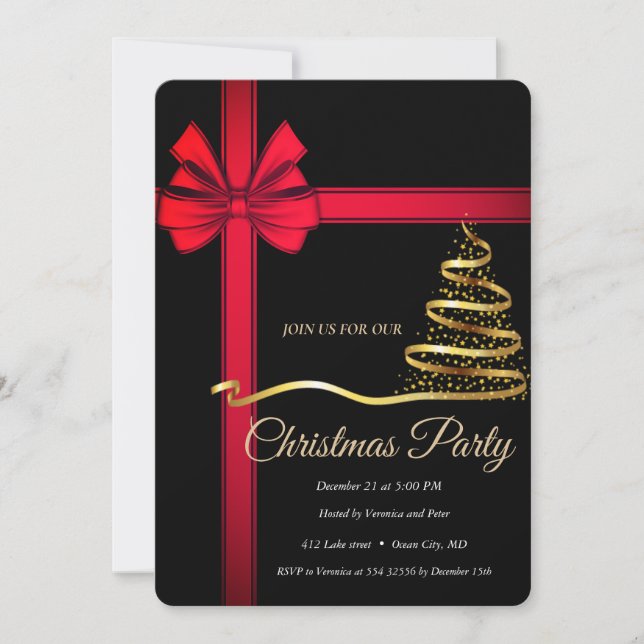 Elegant Black Red Ribonn -Gold  Christmas Tree Invitation (Front)