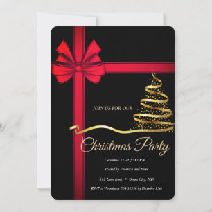 Elegant Black Red Ribonn -Gold Christmas Tree Invitation