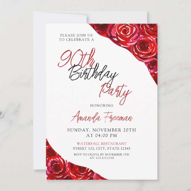 Elegant Black & Red Rose 90th Birthday Invitation (Front)