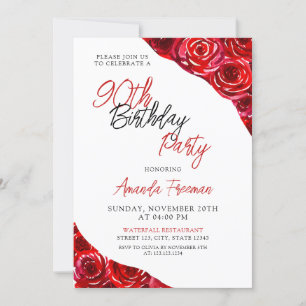Elegant Black & Red Rose 90th Birthday Invitation
