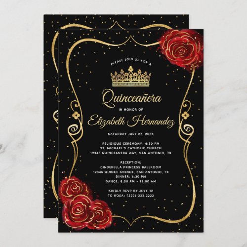 Elegant Black Red Rose and Gold Quinceanera Invitation