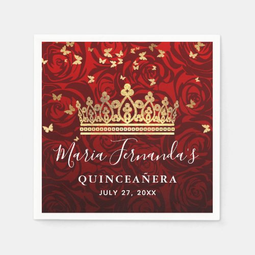 Elegant Black Red Rose Gold Crown Quinceanera Napkins