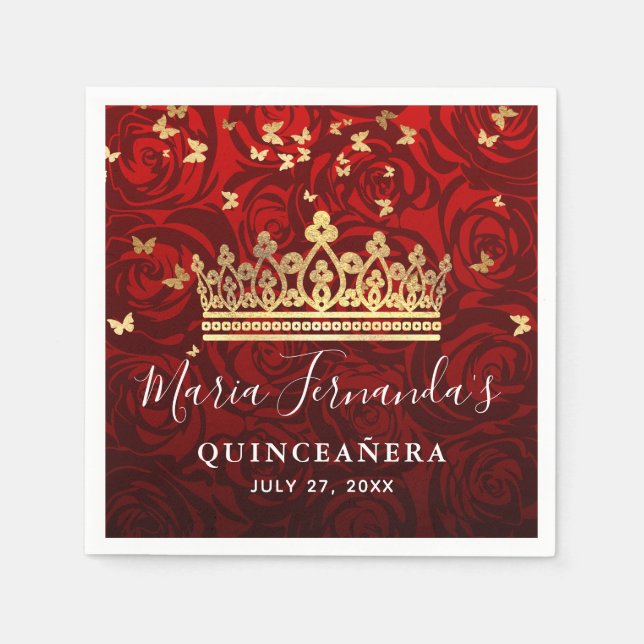 Elegant Black Red Rose Gold Crown Quinceanera Napkins (Front)