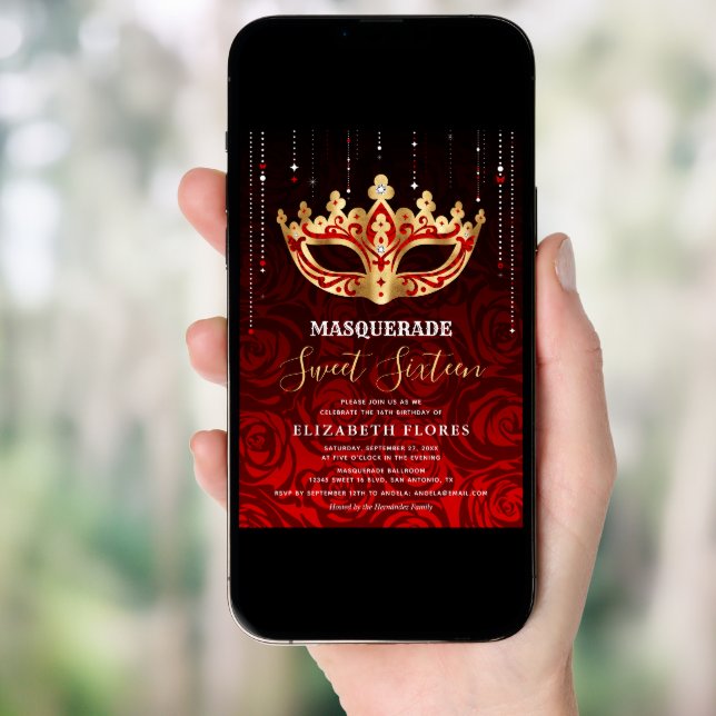 Elegant Black Red Rose Gold Masquerade Sweet 16 Invitation (Front Digital)