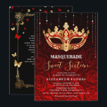 Elegant Black Red Rose Gold Masquerade Sweet 16 Invitation<br><div class="desc">Change the red to ANY color gold, silver, and rose gold options to perfectly complement your unique masquerade theme sweet 16 party! Illustrated by Raphaela Wilson, the unique SVG artwork gives you the creative flexibility to effortlessly alter the color paired with the gold tones. Celebrating an elegant mardi gras/Halloween themed...</div>