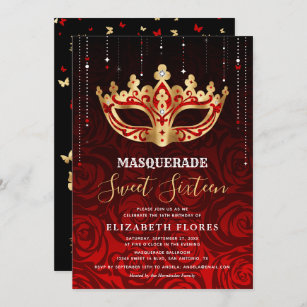 Elegant Black Red Rose Gold Masquerade Sweet 16 Invitation