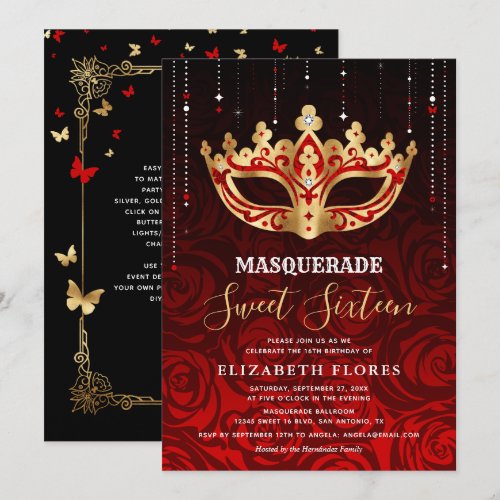 Elegant Black Red Rose Gold Masquerade Sweet 16 Invitation Elegant Black Red Rose Gold Masquerade Sweet 16 Invitation