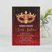 Elegant Black Red Rose Gold Masquerade Sweet 16 Invitation (Standing Front)