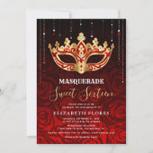 Elegant Black Red Rose Gold Masquerade Sweet 16 Invitation (Front)
