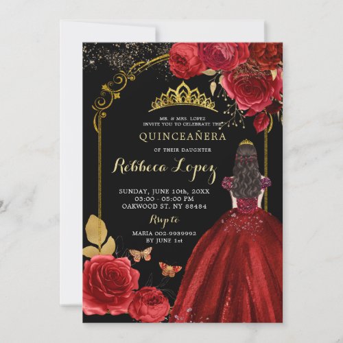 Elegant Black Red Roses Princess XV Aos Invitation