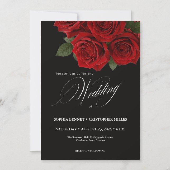 Elegant Black & Red Roses Wedding Invitation (Front)