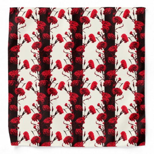 Elegant Black Red White Floral Stripes Carnation Bandana