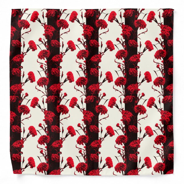 Elegant Black Red White Floral Stripes Carnation Bandana (Front)